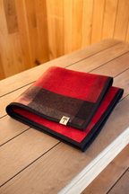 red plaid sauna mat nz wool on wooden sauna bench