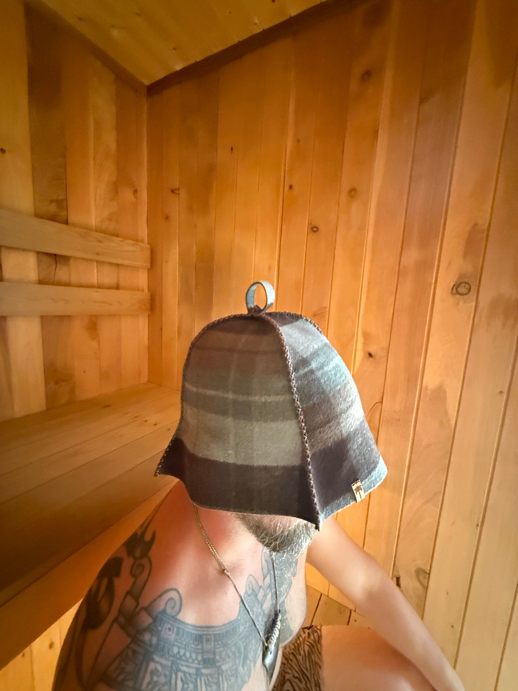 Sauna Hat NZ Wool- Handmade – Brown & Grey Checkered