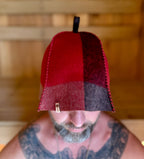 person wearing sauna hat nz wool red