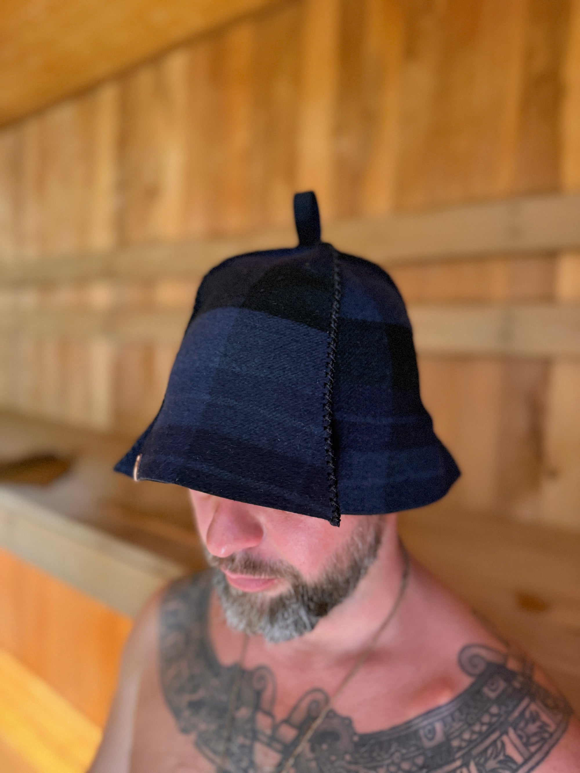 Sauna Hat NZ Wool- Handmade – Navy Blue Checkered