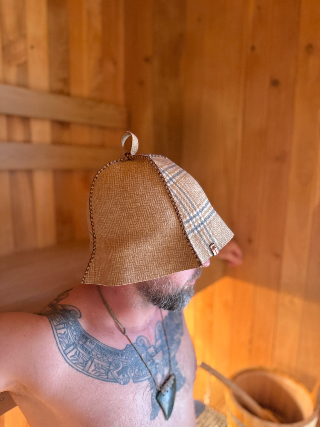 beige plaid wool sauna hat front view