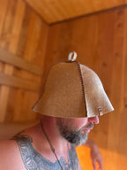 sauna hat nz wool premium mustard plaid side view in sauna