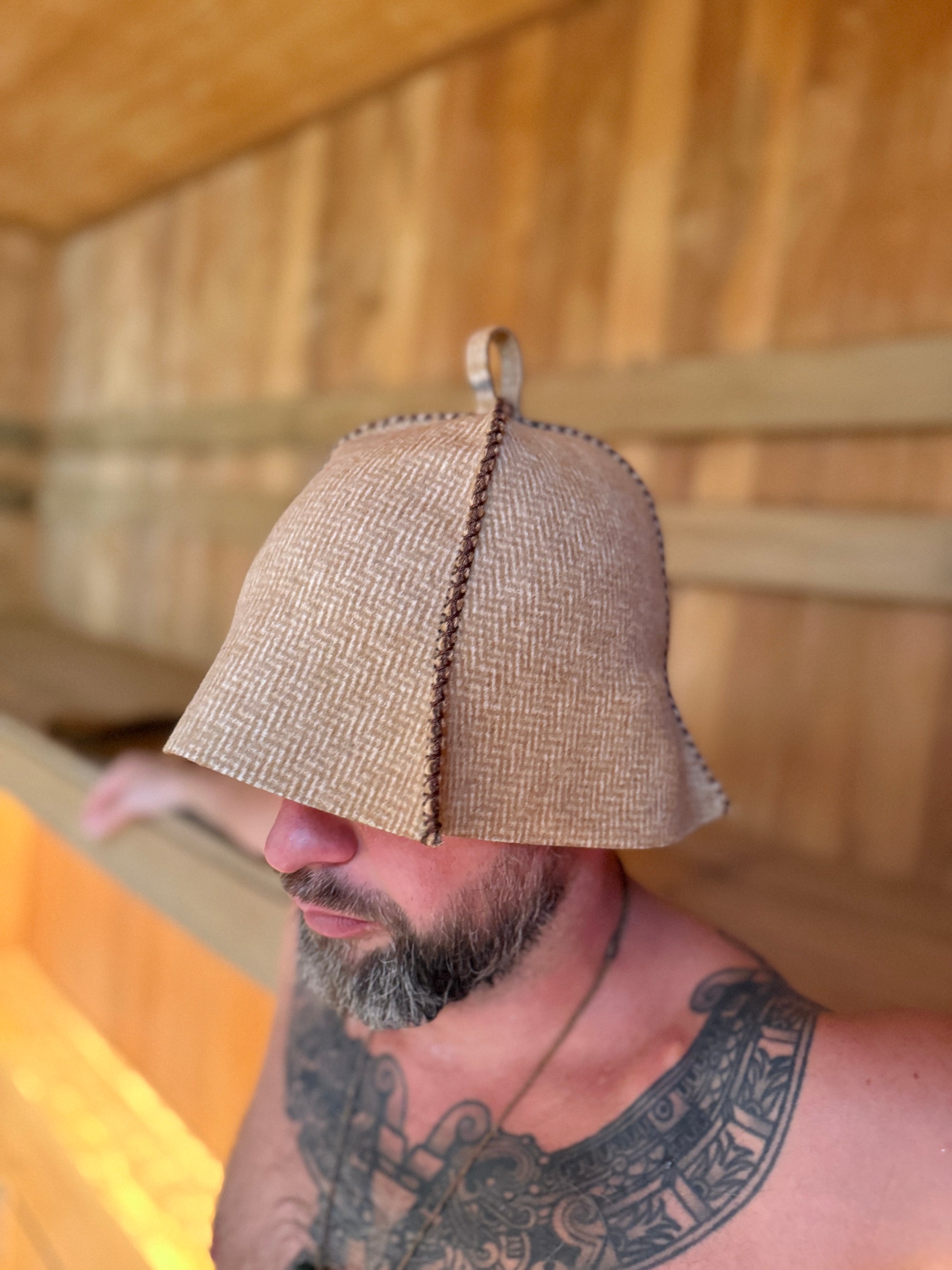 Sauna Hat NZ Premium-Wool Handmade – Beige Herringbone