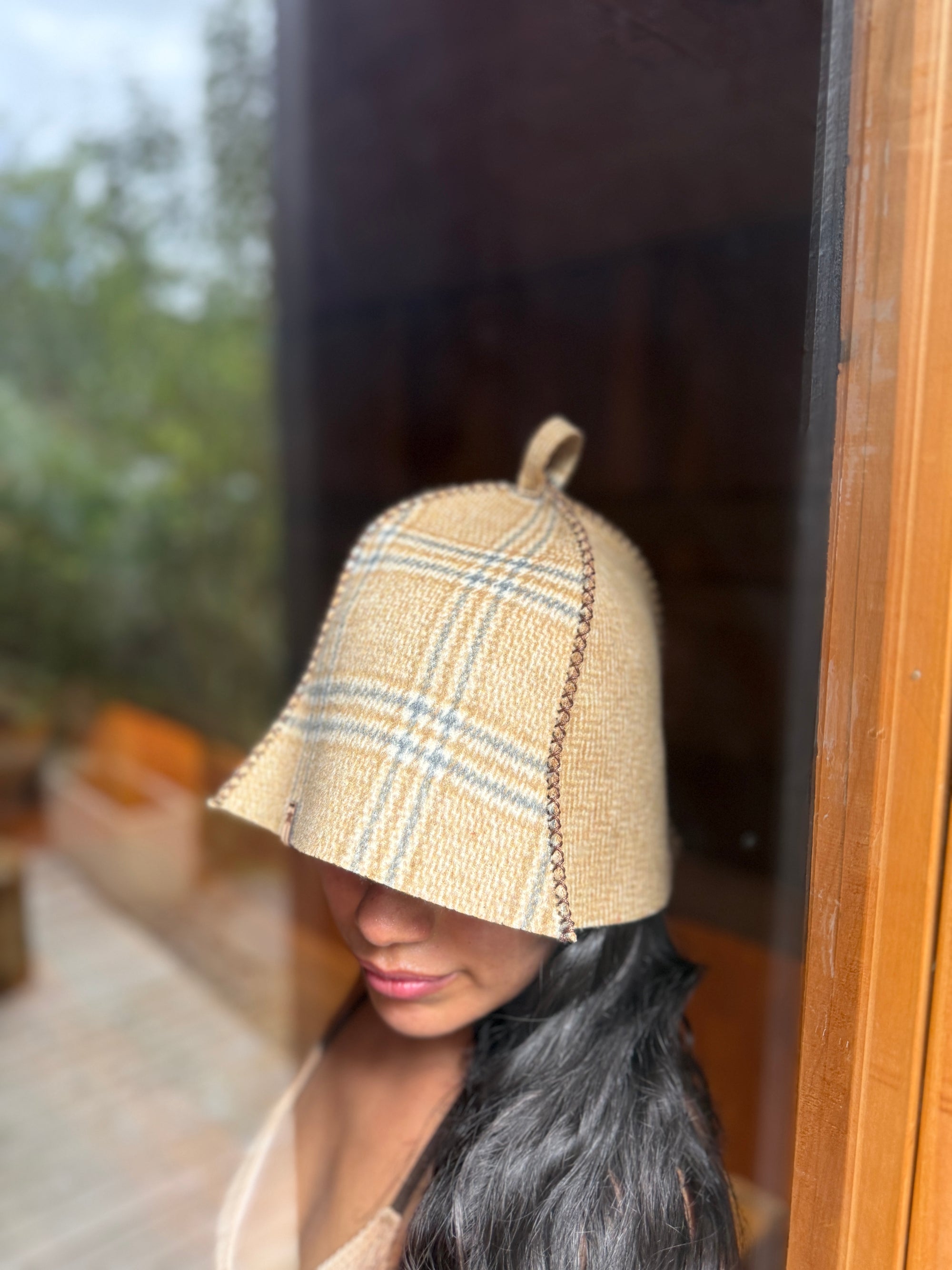 Sauna Hat NZ Premium-Wool Handmade– Beige Checkered