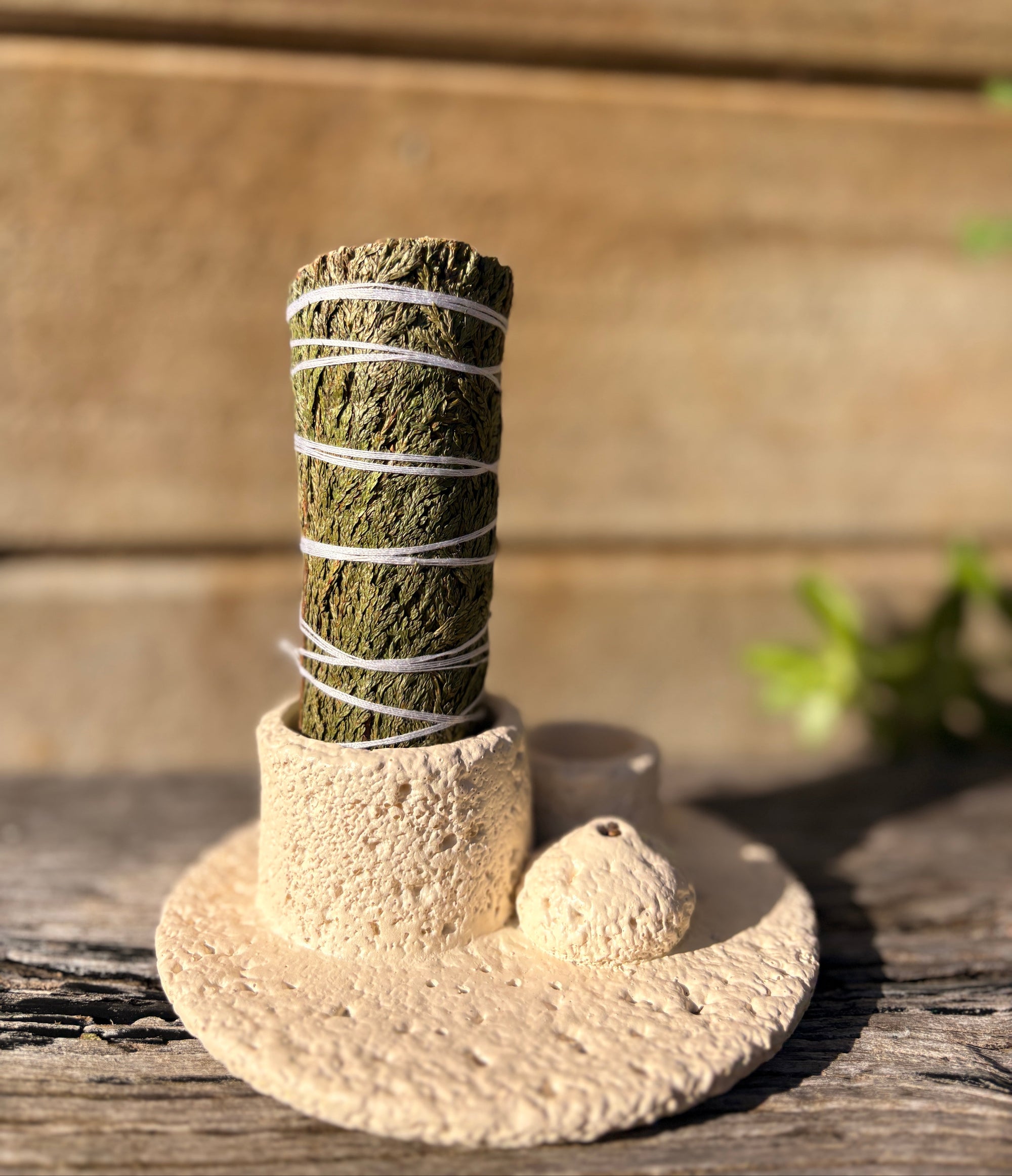cedar bundle in a stone holder