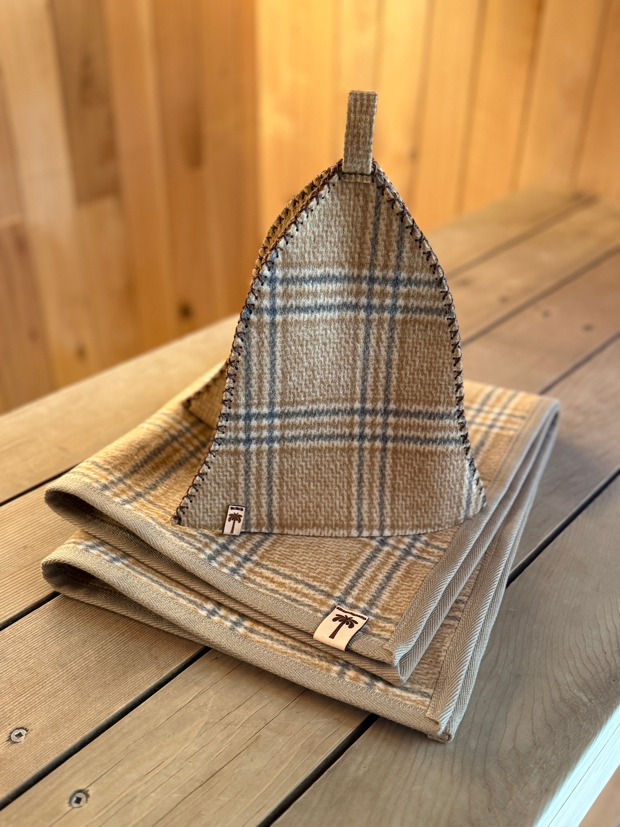 Sauna Mat – Premium NZ Wool-  Beige Plaid/Herringbone