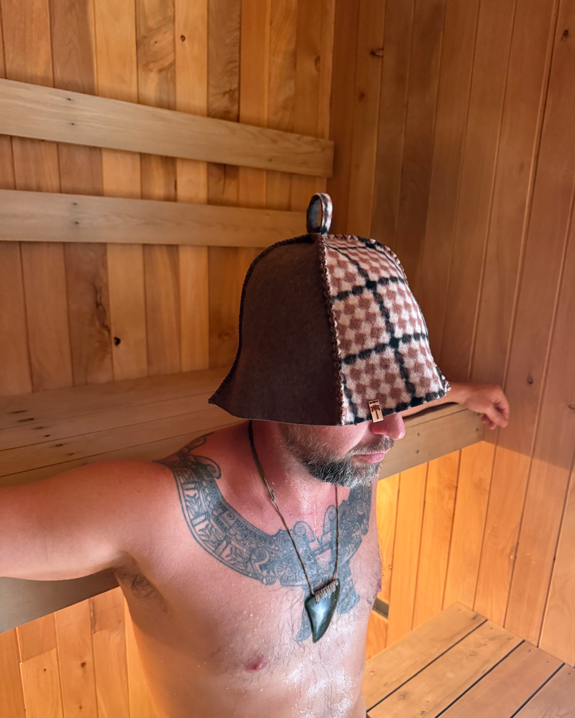 Sauna Hat NZ Premium-Wool Handmade – Earth Rust Check