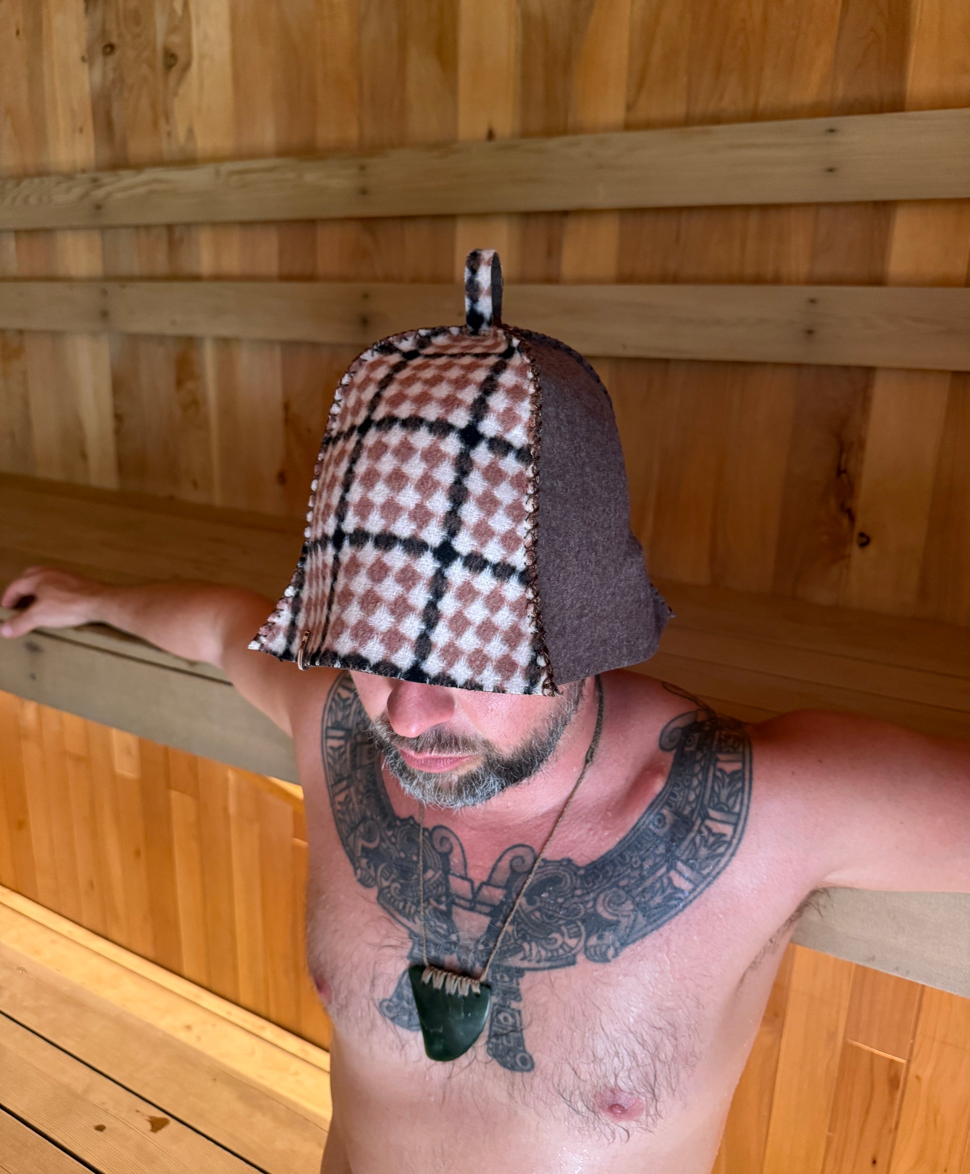 Sauna Hat NZ Premium-Wool Handmade – Earth Rust Check