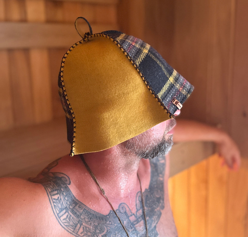 person wearing a sauna hat wool in new zealand
