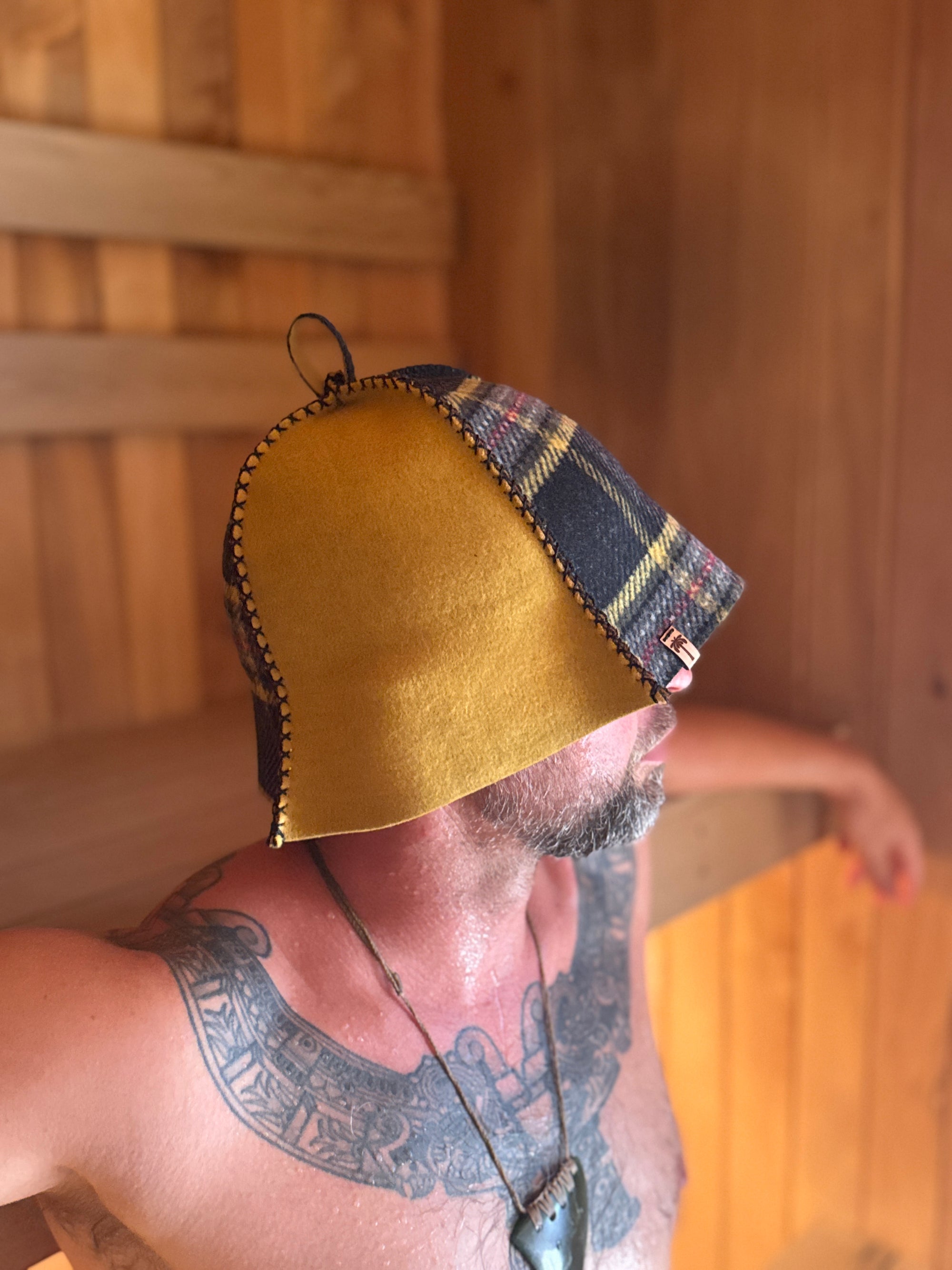 Sauna Hat NZ Premium-Wool Handmade – Black & Yellow Plaid