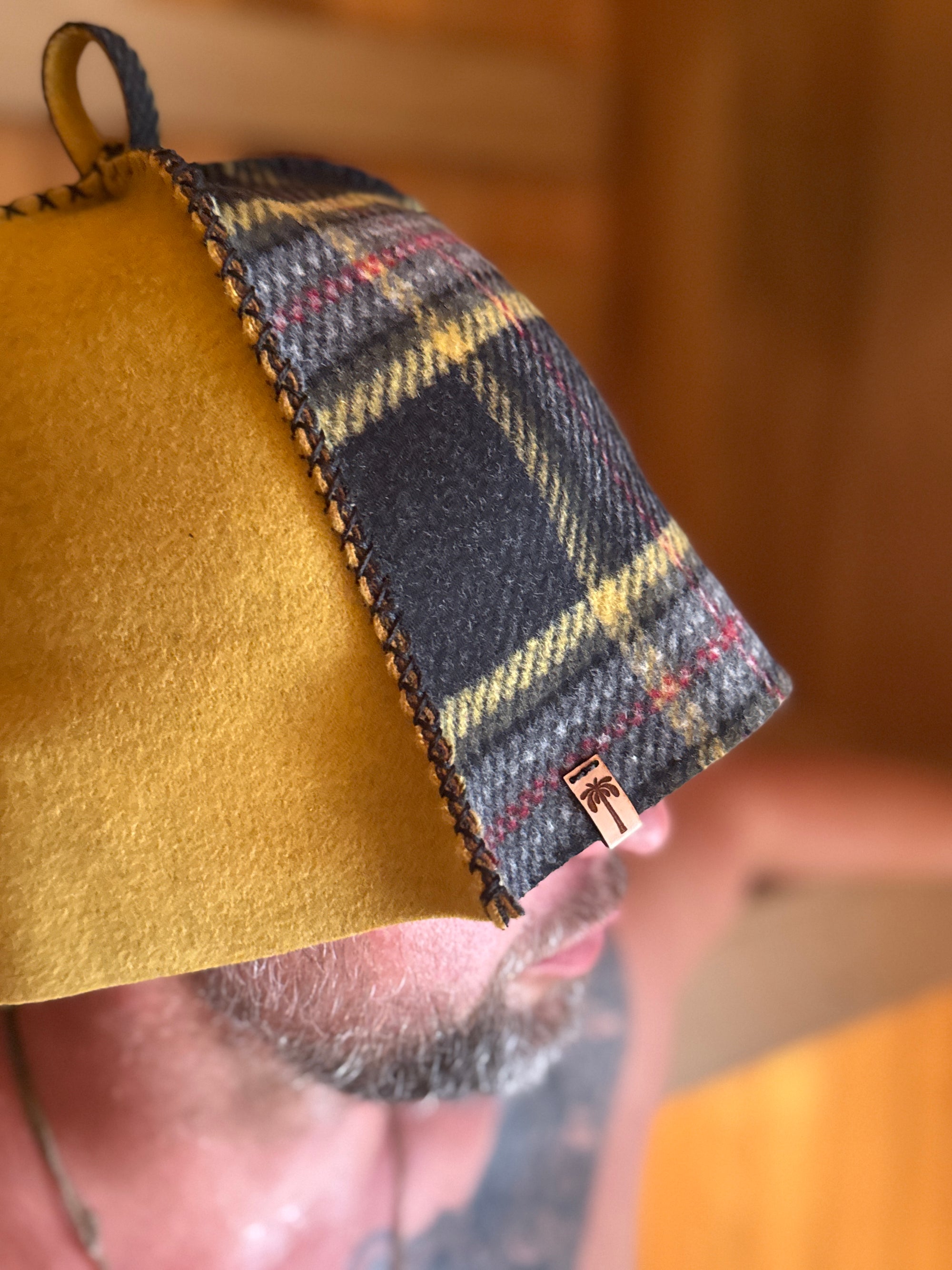 Sauna Hat NZ Premium-Wool Handmade – Black & Yellow Plaid