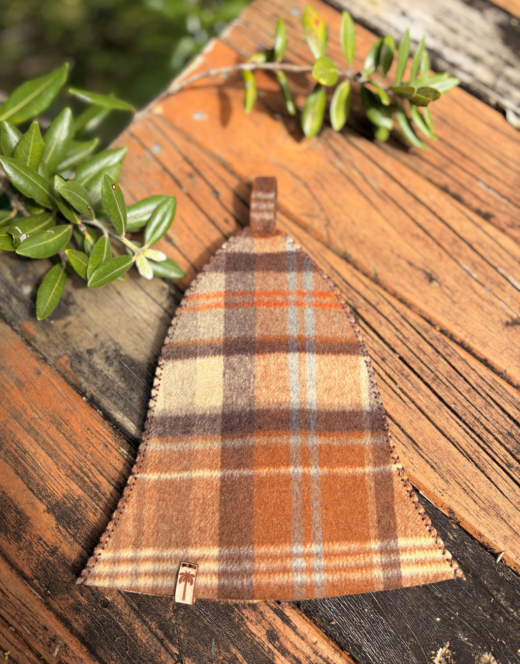 brown plaid wool sauna hat handmade in nz
