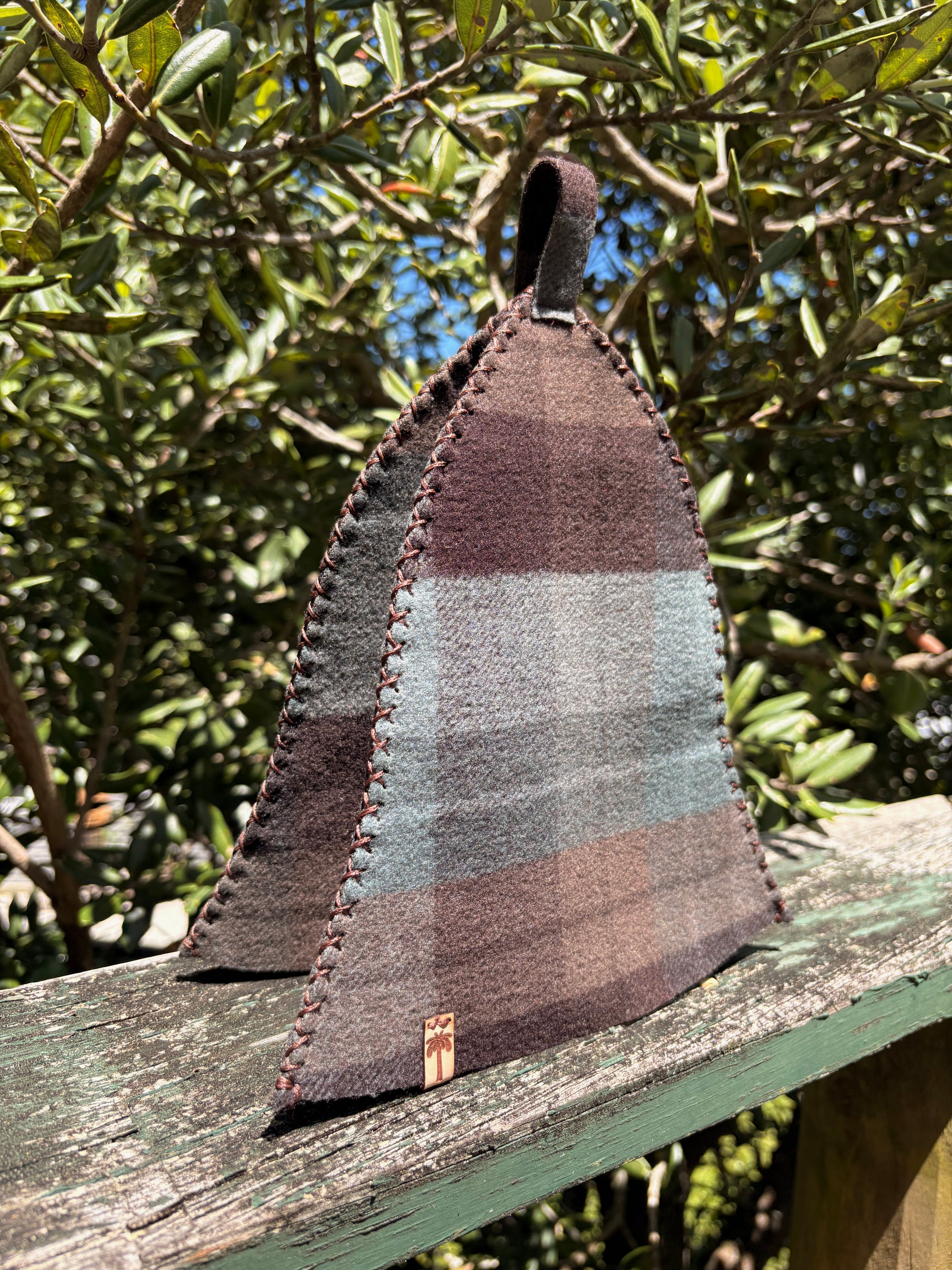 Sauna Hat NZ Wool- Handmade – Brown & Grey Checkered