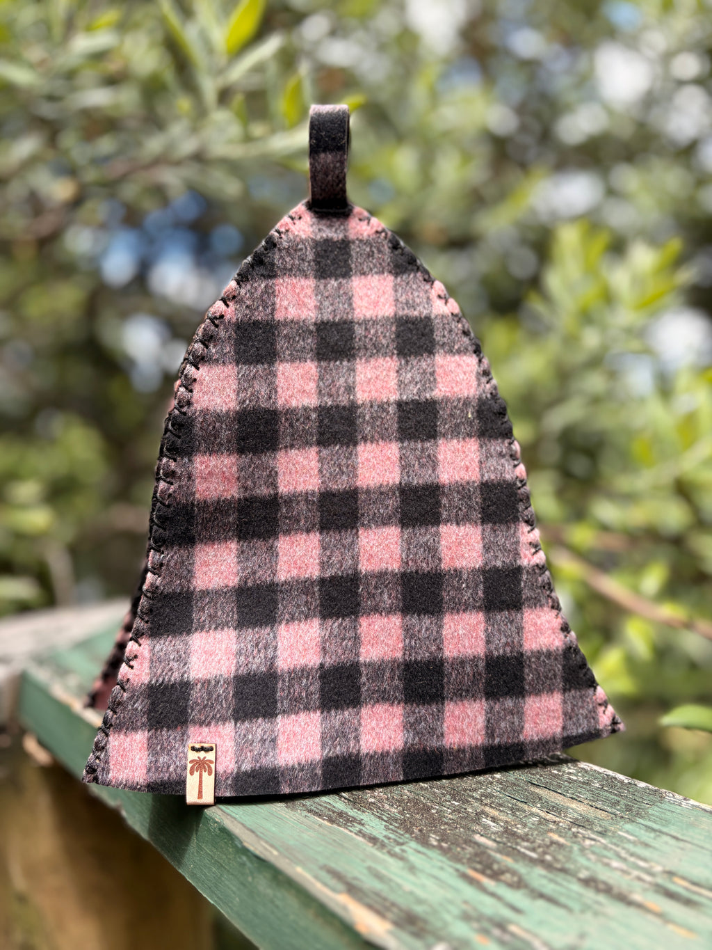 pink wool sauna hat outdoor front view