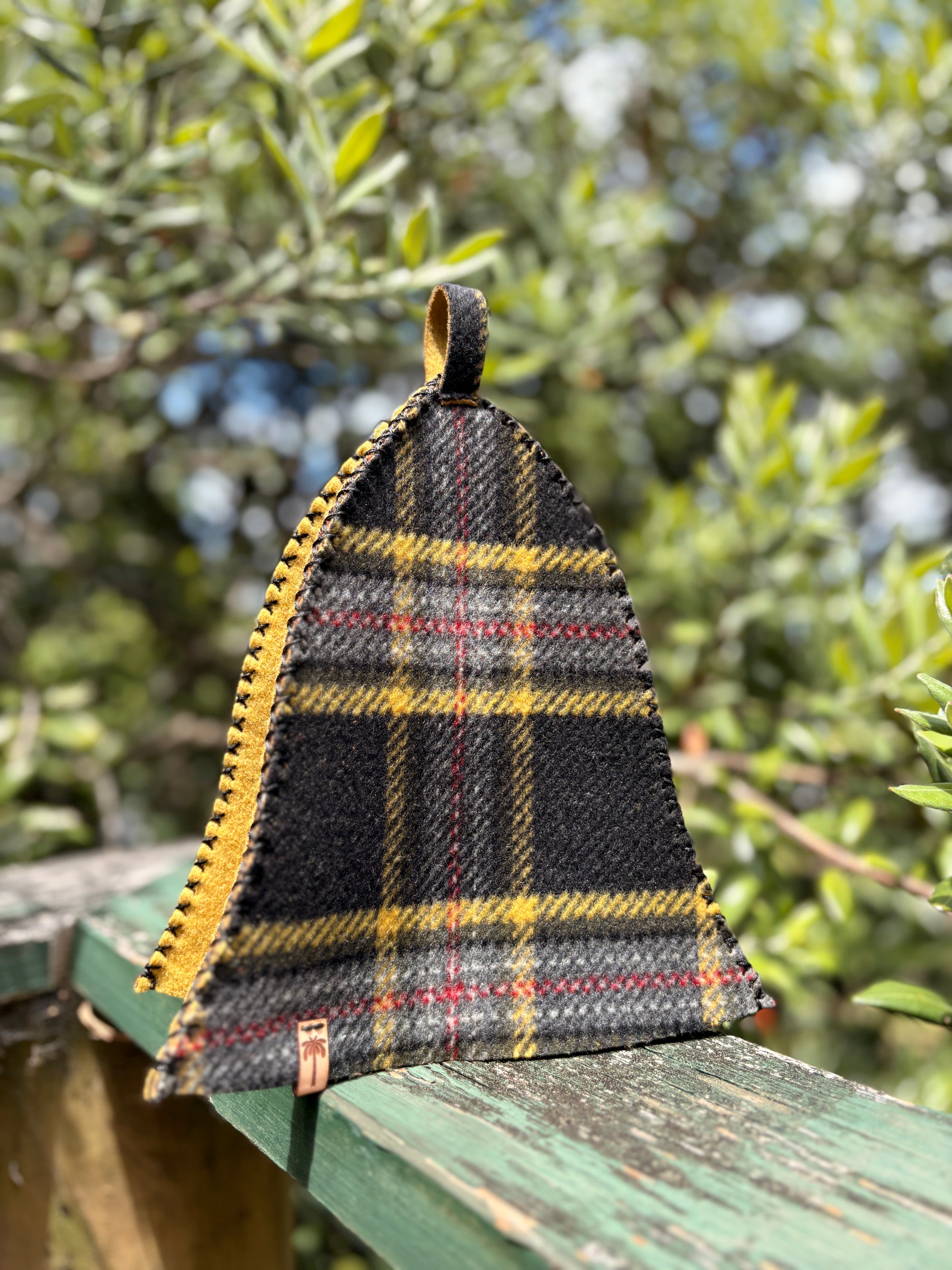 Sauna Hat NZ Premium-Wool Handmade – Black & Yellow Plaid