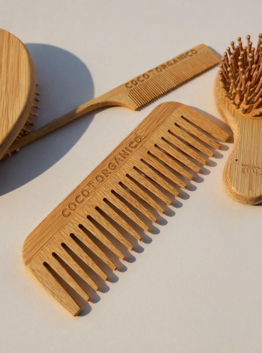 Natural Bamboo Hair Brush & Comb Set 4 Piece