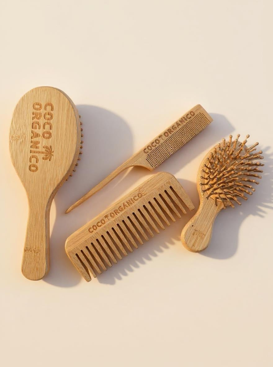 Natural Bamboo Hair Brush & Comb Set 4 Piece